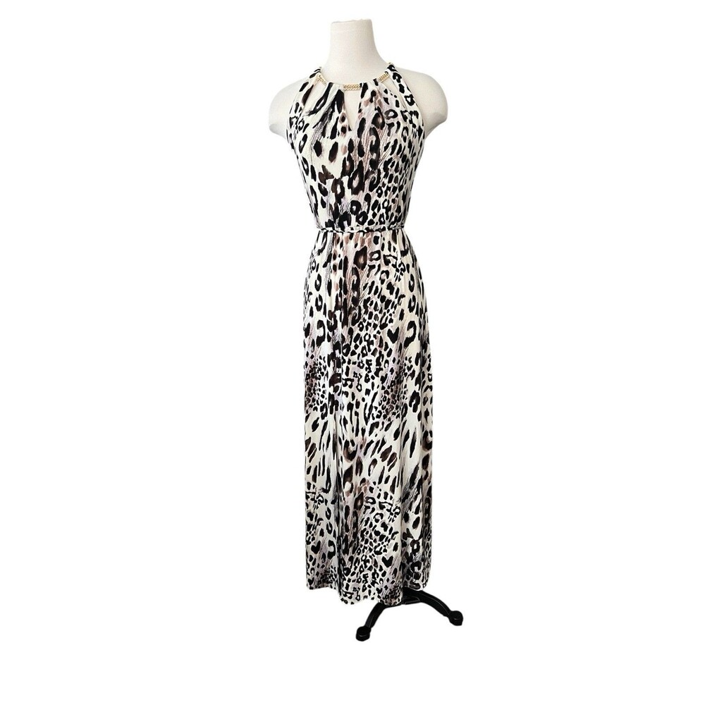 Sandra Darren Animal Print Halter Chained Strap Maxi Dress Size 6 MOB Party